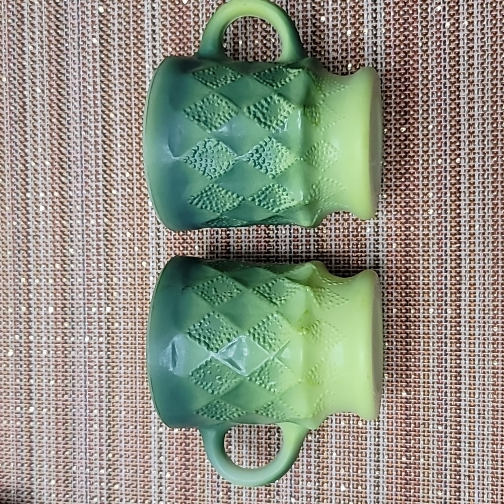 Fire King Green Kimberly Mug Diamond Point, set of two.